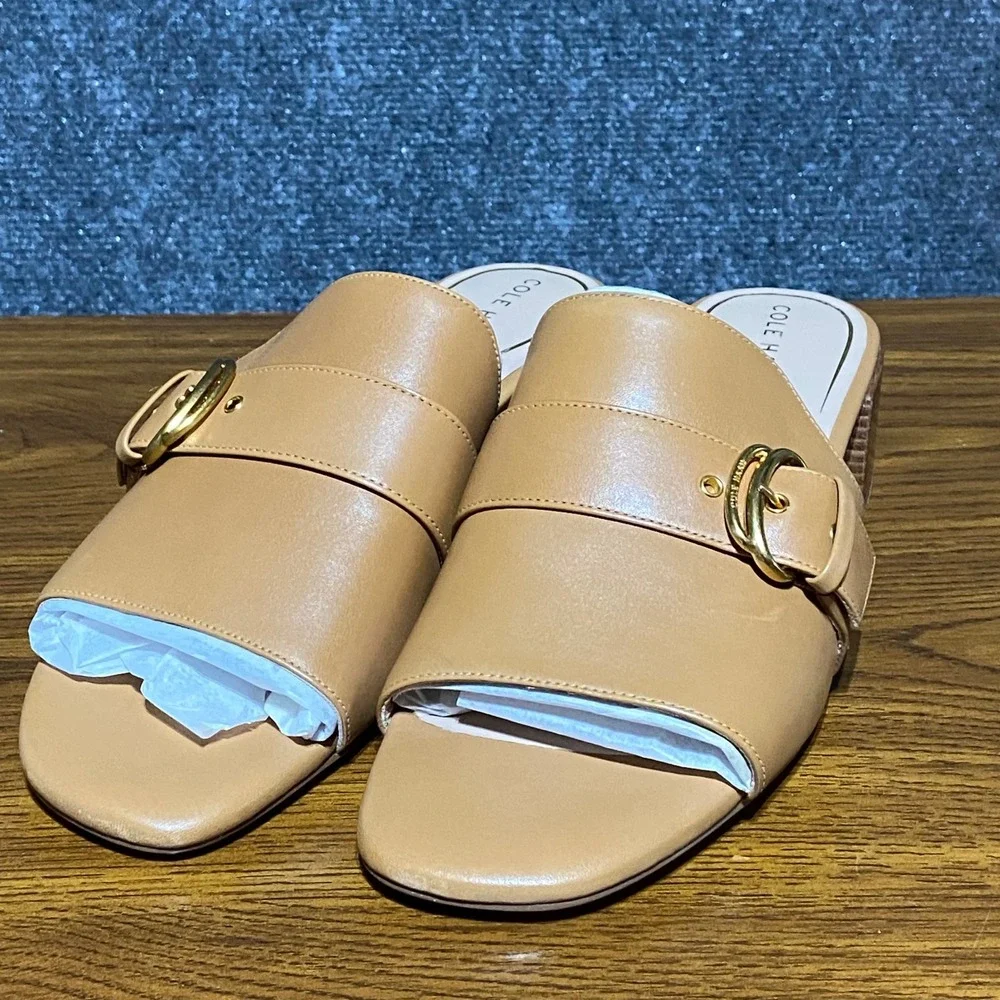 Cole Haan Crosby Slide Leather Sandal Women 10.5B‎ Tan Block Heel Gold Buckle